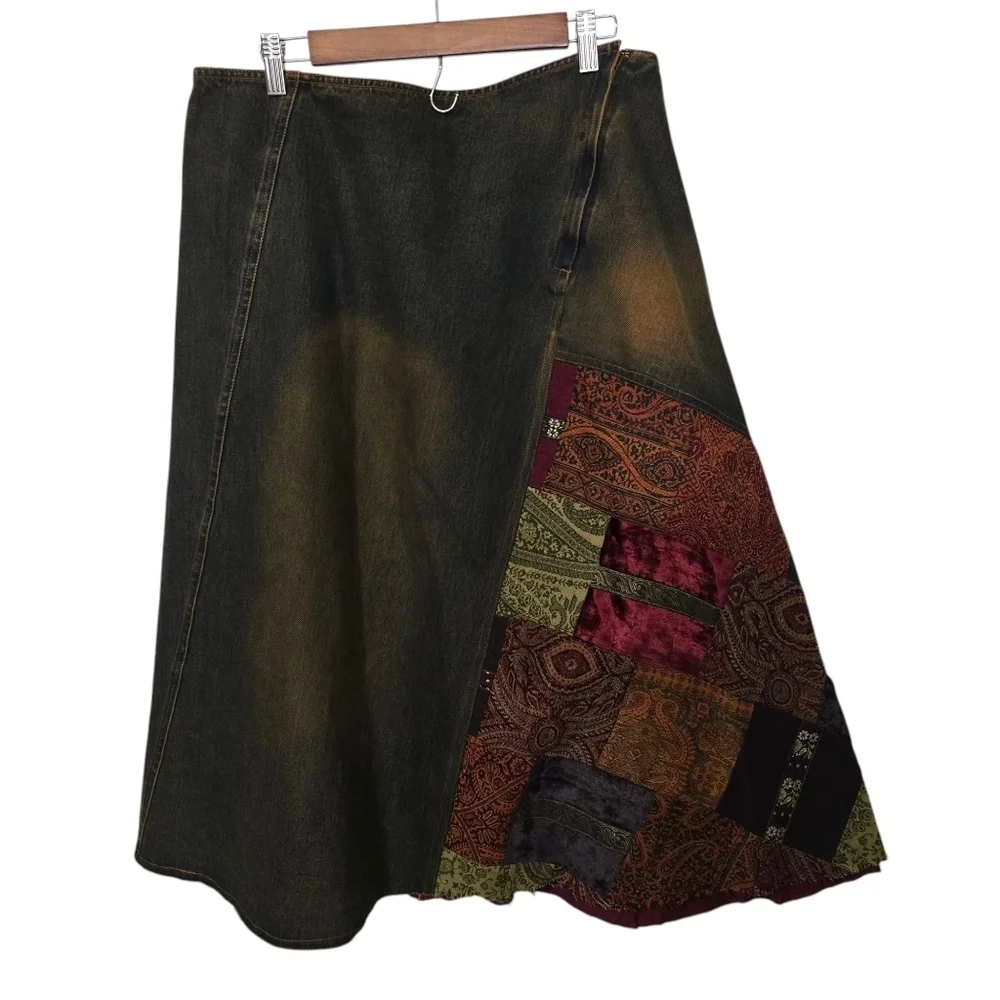 VTG René Derhy Patchwork Denim Maxi Skirt Boho Y2K Artsy USA 14 - Picture 2 of 12
